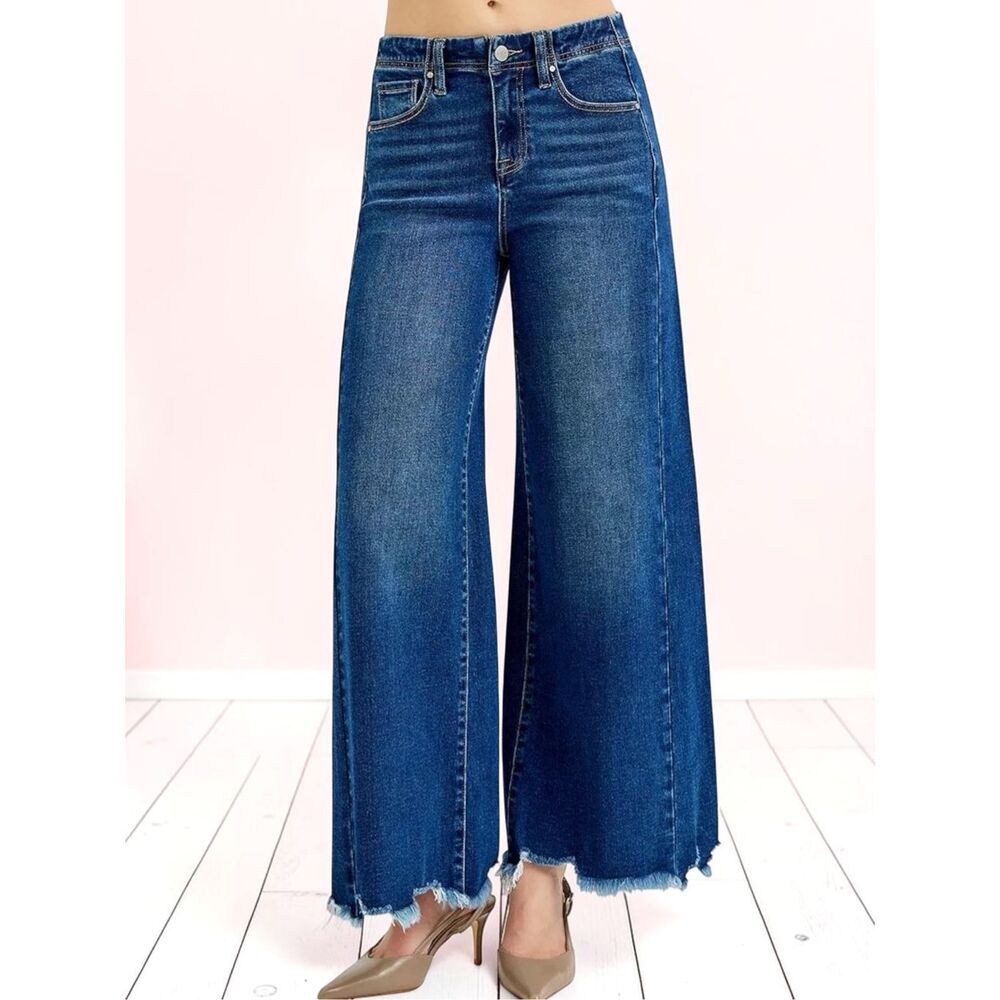 Risen High Rise Dark Wash Wide Leg Raw Hem Stretch Denim Jeans NWT - Picture 2 of 14